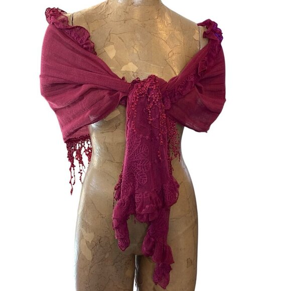 BOHO Artsy Ruffled Lacy Scarf by Coldwater Creek Burgundy Crochet Lace #335C - Picture 2 of 9